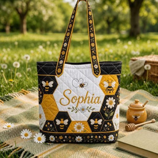 Personalized Bee Print Quilted Tote Bag, Custom Honey Bee Shoulder Bag, Floral Bee Tote, Beekeeper Gift, Cottagecore Market Bag Bee Lover