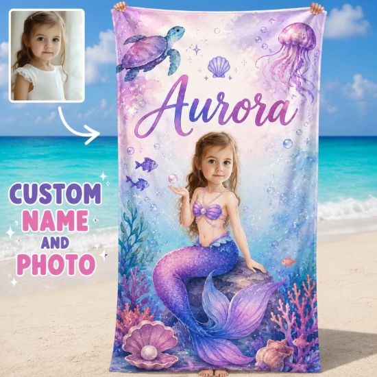 Personalized Mermaid Beach Towel for Kid, Custom Name and Photo Towel, Purple Ocean Mermaid Bath Towel, Girls Summer Beach Gift, Custom Face