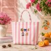 Summer Icon Embroidered Tote Bag, Pink Striped Beach Bag, Vacation Tote, Citrus Orange Tote, Personalized Summer Bag Summer Lover Gift