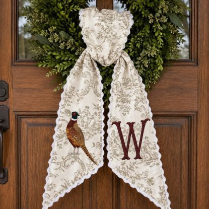 Personalized Pheasant Wreath Sash, Neutral Toile Monogram Sash, Custom Hunting Fall Wreath Bow, Thanksgiving Hostess Gift, Harvest Decor