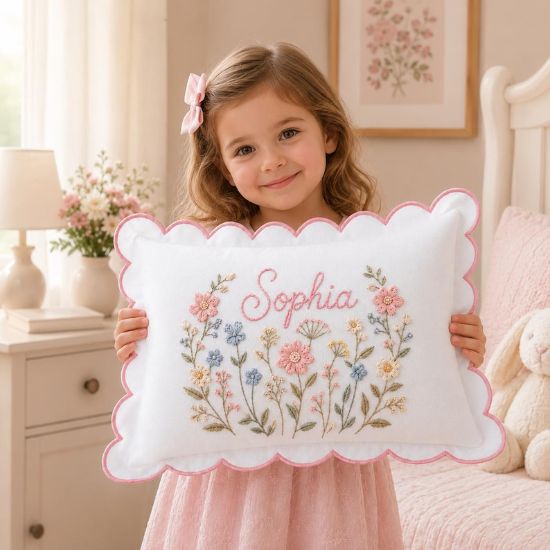 Personalized Floral Name Pillow, Custom Scalloped Throw Pillow, Embroidered Wildflower Cushion, Nursery Decor Gift for Girls, Birthday Girl