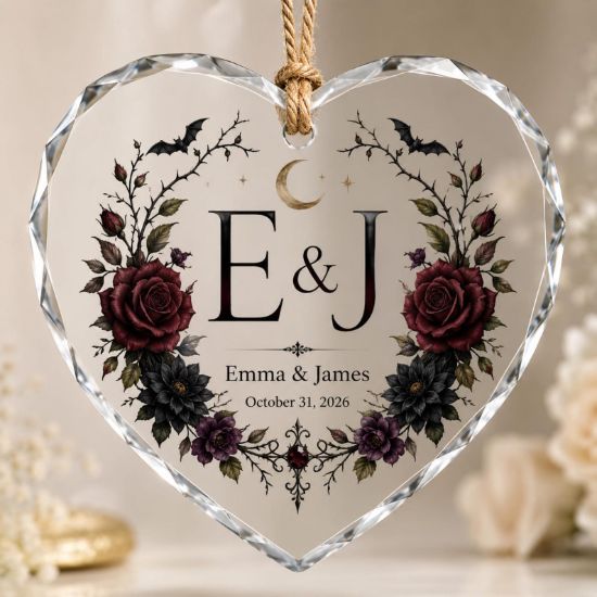 Personalized Gothic Wedding Ornament, Custom Couple Names, Dark Floral Keepsake
