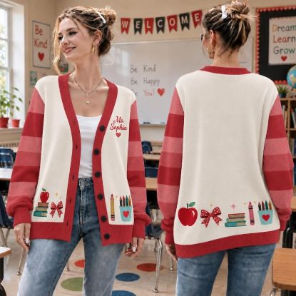 Personalized Teacher Printed Cardigan Sweater, Custom Teacher Name Knit Cardigan, Back to School Teacher Gift, Cute Classroom Teacher Shirt