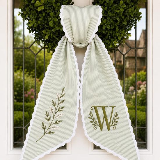 Custom Embroidered Magnolia Wreath Sash, Personalized Monogram Ticking Stripe Ribbon Bow, Floral Front Porch Wedding Decor