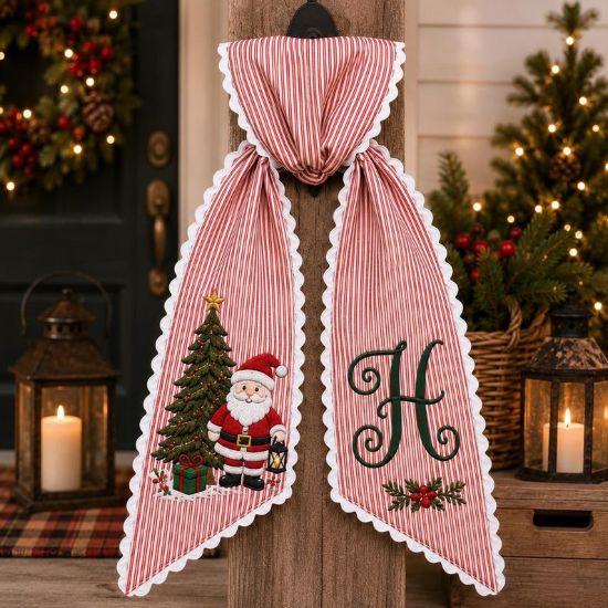 Personalized Santa Christmas Wreath Sash, Custom Embroidered Monogram Red Stripe Door Bow, Holiday Front Door Decor Gift