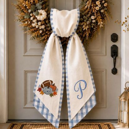 Personalized Fall Wreath Sash, Embroidered Football Pumpkin Bow, Custom Monogram Wreath Decor, Blue Gingham Thanksgiving Door Decor