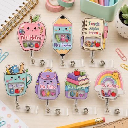 Picture of Personalized Teacher Shaker Badge Reel, Custom Name Acrylic ID Holder, Cute School Supplies Badge Clip, Teacher Gift, Back To School Gift