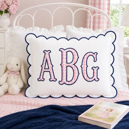 Picture of Personalized Embroidered Monogram Scalloped Pillow, Custom Appliqué Cushion, Nursery Decor, Preppy Dorm Room Gift