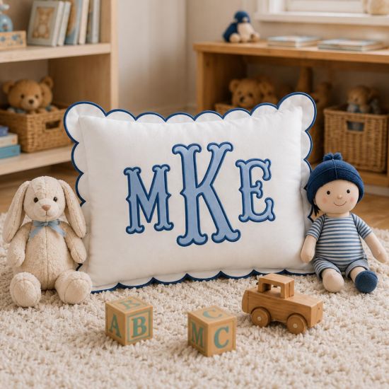 Picture of Personalized Embroidered Monogram Scalloped Pillow, Custom Initial Cushion, Nursery Decor, College Dorm Room Gift
