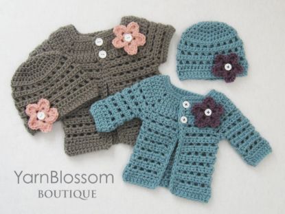 Picture of CROCHET PATTERN - Mini Miss Cardigan & Beanie - baby sweater baby girl hat preemie newborn crochet tutorial PDF download