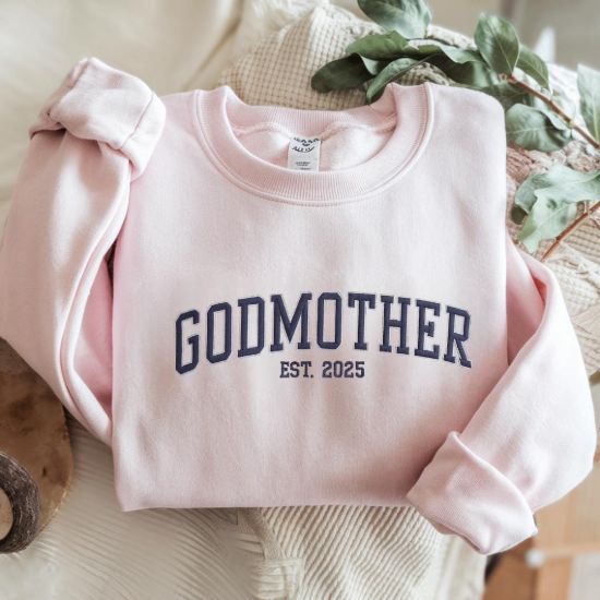Picture of Embroidered Personalized Godmother & Godfather Sweatshirt With Godchild Name on Sleeve, Gift for Godmother Proposal, Godparents Gift