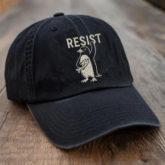 Picture of Embroidered Penguins Resist Hat, Protest Penguins Tshirt, Embroidered Penguins Against Tariffs, Subtle FDT Resistance, Funny Democrat Hat