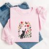 Picture of Embroidered Black Cat Chasing Butterfly Meadow Sweatshirt , Flower With Cat Hoodie, Black Cat And Wildflowers Sweatshirt, Cat Lover Shirt