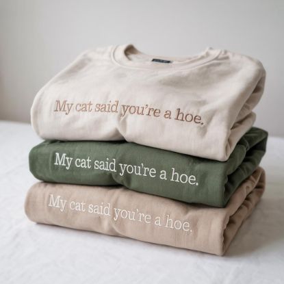Picture of Embroidered My Cat Said You're A Hoe Sweatshirt, Embroidery Funny Cat Mom Crewneck, Cat Lover Gift, Sarcastic Cat Hoodie, Funny Cat Mom