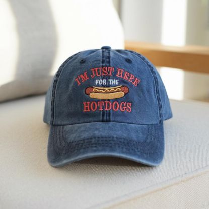 Picture of Embroidered I'm Just Here For The Hotdogs Baseball Hat, 4th of July Hat, Funny Hot Dog Hat, Retro Fourth of July Hat, Funny Hotdog Meme Hat