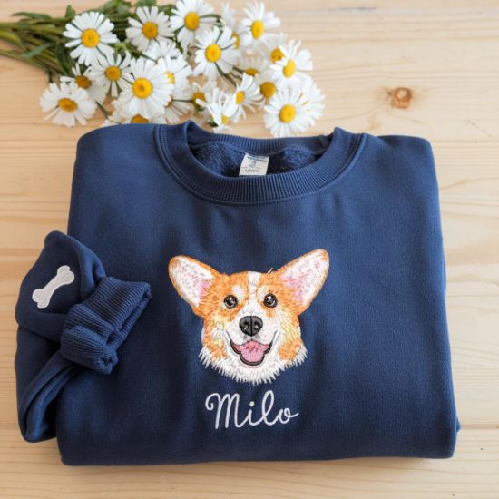 Picture of Embroidered Custom Pet Portrait Sweatshirt, Custom Dog From Photo Embroidery, Personalized Pet Hoodie, Gift For Dog Mom, Cat Mom Sweatshirt
