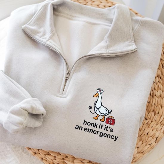 Picture of Embroidered ER Nurse Funny Goose Quarter Zip Sweater, Honk if It's An Emergency, ER Nurse, Nurse  Goose, Funny Emergency Department