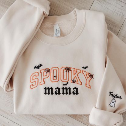 Picture of Embroidered Spooky Mama Sweatshirt, Mom Halloween Crewneck, Halloween Mom Shirt, Spooky Halloween Mama Hoodie