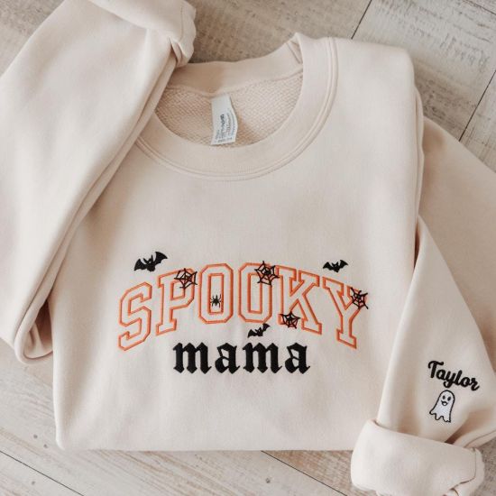 Picture of Embroidered Spooky Mama Sweatshirt, Mom Halloween Crewneck, Halloween Mom Shirt, Spooky Halloween Mama Hoodie