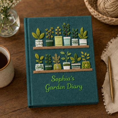 Picture of Personalized Garden's Diary Notebook, Garden Plants Hand Embroidered Notebook, Handmade Fabric Cover Notebook, Plant Lover Gardening Mom