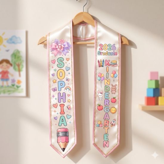 Picture of Personalized Kid Graduation Sash , Cute Kindergarten Stole Custom Name, Preschool Grad Gift, Class of 2026 Girl Sash, Girl Graduate Sash
