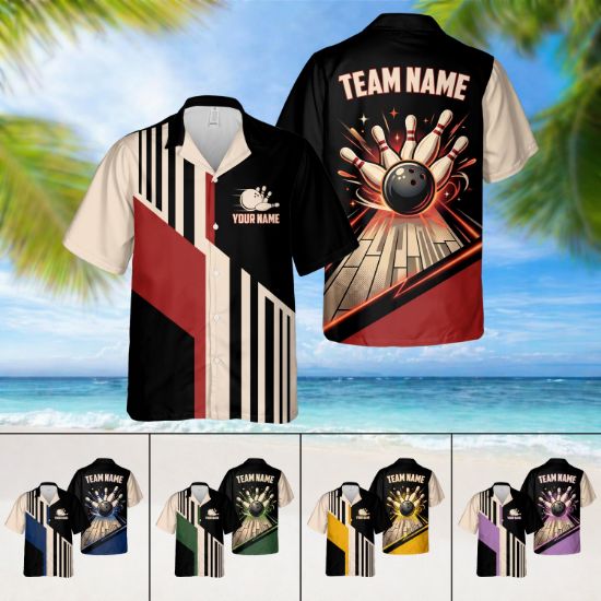 Picture of Personalized Retro Bowling Hawaiian Shirt, Custom Name Button Down Shirt, Matching Bowling Team Shirt, Bowling Lover Gift, Bowler Shirts