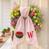 Picture of Watermelon Wreath Sash with Scalloped Lace Edge, Embroidered Watermelon Door Bow, Summer Front Door Decor, Personalized Initial Sash Gift