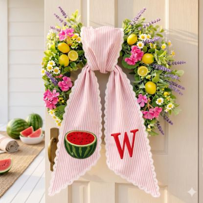 Picture of Watermelon Wreath Sash with Scalloped Lace Edge, Embroidered Watermelon Door Bow, Summer Front Door Decor, Personalized Initial Sash Gift