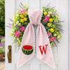 Picture of Watermelon Wreath Sash with Scalloped Lace Edge, Embroidered Watermelon Door Bow, Summer Front Door Decor, Personalized Initial Sash Gift