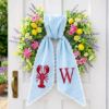 Picture of Lobster Wreath Sash with Scalloped Lace Edge, Embroidered Lobster Door Bow, Coastal Summer Front Door Decor, Nautical Wreath Accent Gift