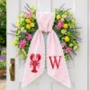 Picture of Lobster Wreath Sash with Scalloped Lace Edge, Embroidered Lobster Door Bow, Coastal Summer Front Door Decor, Nautical Wreath Accent Gift