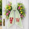 Picture of Lobster Wreath Sash with Scalloped Lace Edge, Embroidered Lobster Door Bow, Coastal Summer Front Door Decor, Nautical Wreath Accent Gift