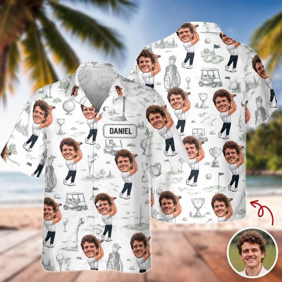Picture of Custom Face Golfer Hawaiian Shirt, Personalized Golf Vacation Aloha Shirt, Funny Beach Outfit, Golf Lover Gift for Men Women, Father Day