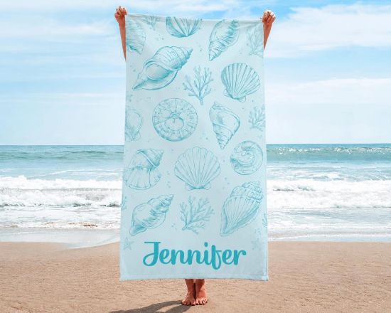 Picture of Personalized Seashell Beach Towel, Custom Name Coastal Beach Towel, Ocean Shell Pool Towel, Summer Vacation Gift for Women, Beach Sea Towel