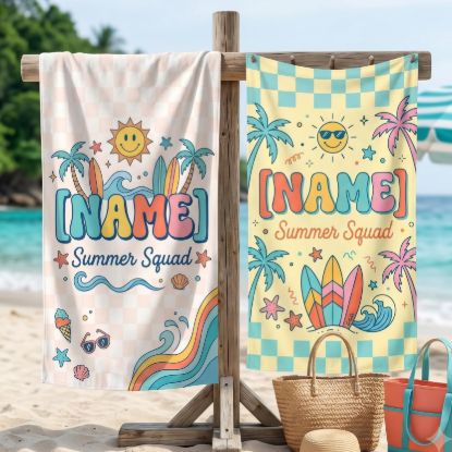 Picture of Personalized Kids Summer Beach Towel, Custom Name Beach Towel for Kids, Summer Squad Pool Towel, Cute Surf Beach Gift, Retro Beach Towel