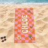 Picture of Personalized Kids Beach Towel, Custom Name Summer Beach Towel, Retro Checkerboard Pool Towel for Kids, Cute Summer Gift, Summer Beach Towel