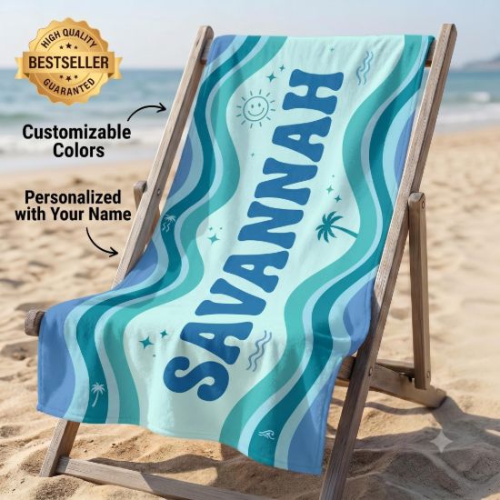 Picture of Personalized Beach Towel, Custom Name Beach Towel, Retro Wavy Pool Towel, Summer Vacation Towel, Coastal Beach Gift, Summer Beach Towel