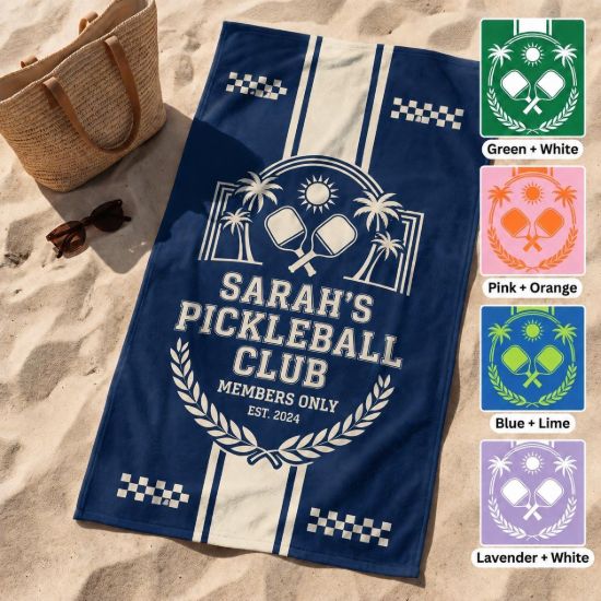 Picture of Personalized Pickleball Beach Towel, Custom Name Pickleball Pool Towel, Retro Coastal Pickleball Club Towel, Summer Vacation Beach Girl Gift
