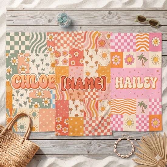Picture of Personalized Retro Beach Towel for Girls, Cute Smiley Flower Pool Towel, Custom Summer Swim Towel, Preppy Beach Vacation Beach Gift