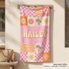 Picture of Personalized Retro Beach Towel for Girls, Cute Smiley Flower Pool Towel, Custom Summer Swim Towel, Preppy Beach Vacation Beach Gift