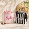 Picture of Personalized Embroidered Striped Tote Bag, Custom Name Beach Tote, Bridesmaid Tote Bag, Aesthetic Canvas Bag, Future Mrs Bridal Beach Bag