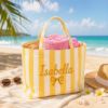 Picture of Personalized Embroidered Striped Tote Bag, Custom Name Beach Tote, Bridesmaid Tote Bag, Aesthetic Canvas Bag, Future Mrs Bridal Beach Bag