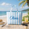 Picture of Personalized Embroidered Striped Tote Bag, Custom Name Beach Tote, Bridesmaid Tote Bag, Aesthetic Canvas Bag, Future Mrs Bridal Beach Bag