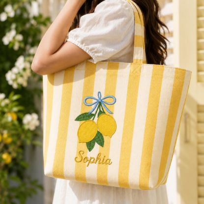 Picture of Personalized Lemon Tote Bag, Embroidered Summer Beach Bag, Custom Name Coastal Tote, Yellow Stripe Preppy Tote, Lemon Summer Lover Gift