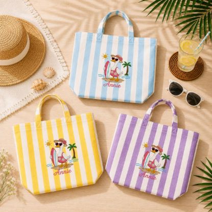 Picture of Personalized Goose Summer Embroidered Tote Bag, Custom Beach Goose Tote, Pink Stripe Coastal Bag, Cute Vacation Tote for Women, Goose Summer