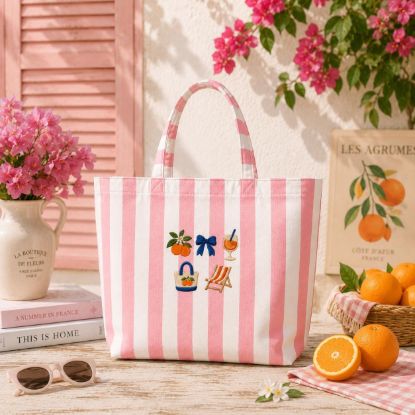 Picture of Summer Icon Embroidered Tote Bag, Pink Striped Beach Bag, Vacation Tote, Citrus Orange Tote, Personalized Summer Bag Summer Lover Gift