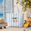 Picture of Summer Icon Embroidered Tote Bag, Pink Striped Beach Bag, Vacation Tote, Citrus Orange Tote, Personalized Summer Bag Summer Lover Gift