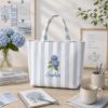 Picture of Hydrangea Embroidered Tote Bag, Blue Striped Personalized Tote, Floral Canvas Bag, Custom Name Beach Tote, Gift for Her, Summer Lover Gift