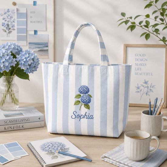Picture of Hydrangea Embroidered Tote Bag, Blue Striped Personalized Tote, Floral Canvas Bag, Custom Name Beach Tote, Gift for Her, Summer Lover Gift