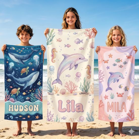 Picture of Personalized Kids Beach Towel, Ocean Sea Animal Towel for Boys Girls, Dolphin Whale Beach Towel, Custom Name Summer Pool Towel, Pool Towel